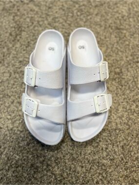 White Double-Buckle Slide Sandals